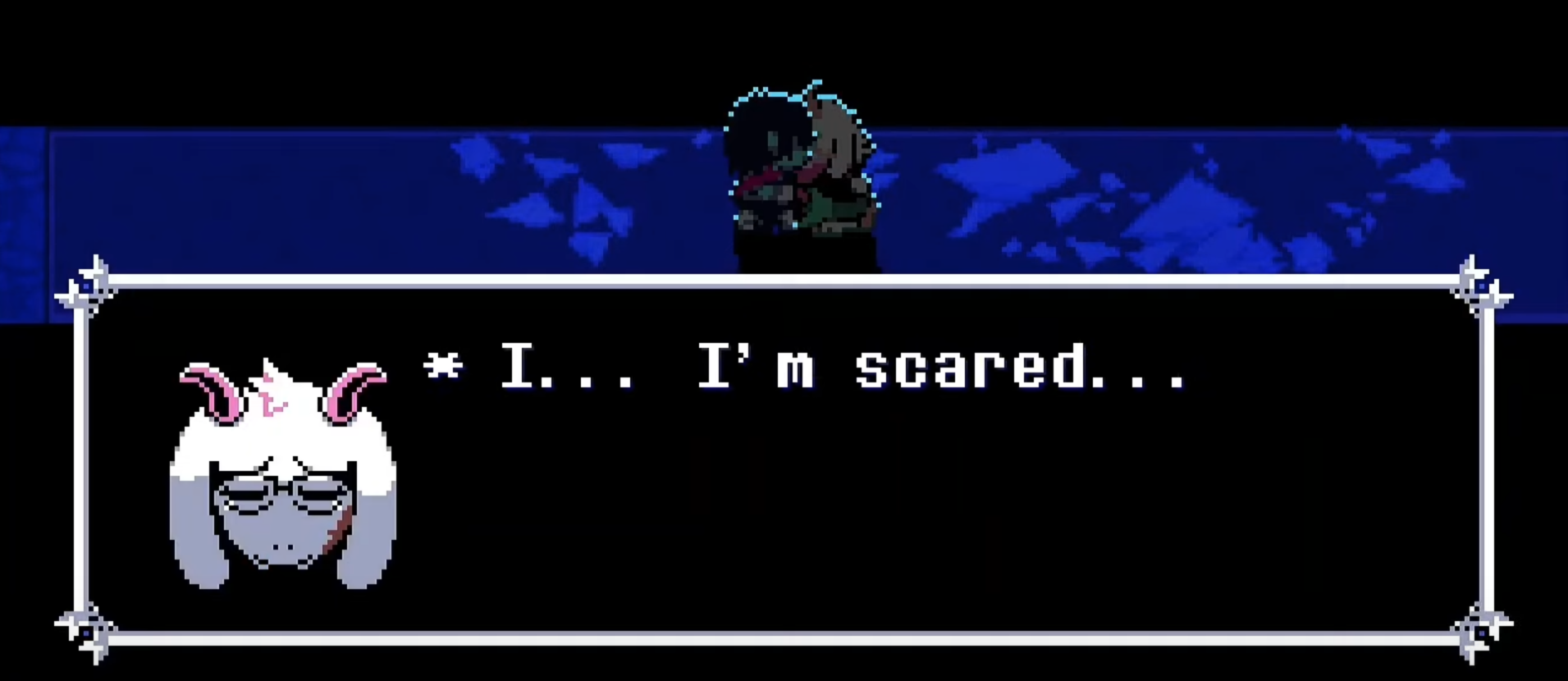 a screenshot from Deltarune chapter 4 in which Ralsei says: I… I'm scared…