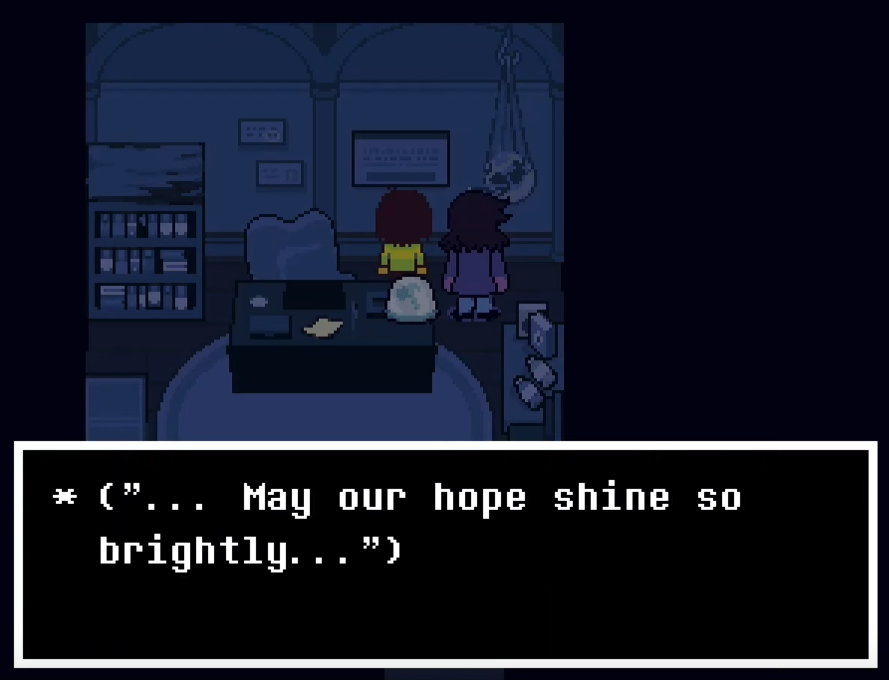 a screenshot from Deltarune chapter 4 in which a text box reads: …May our hope shine so brightly…